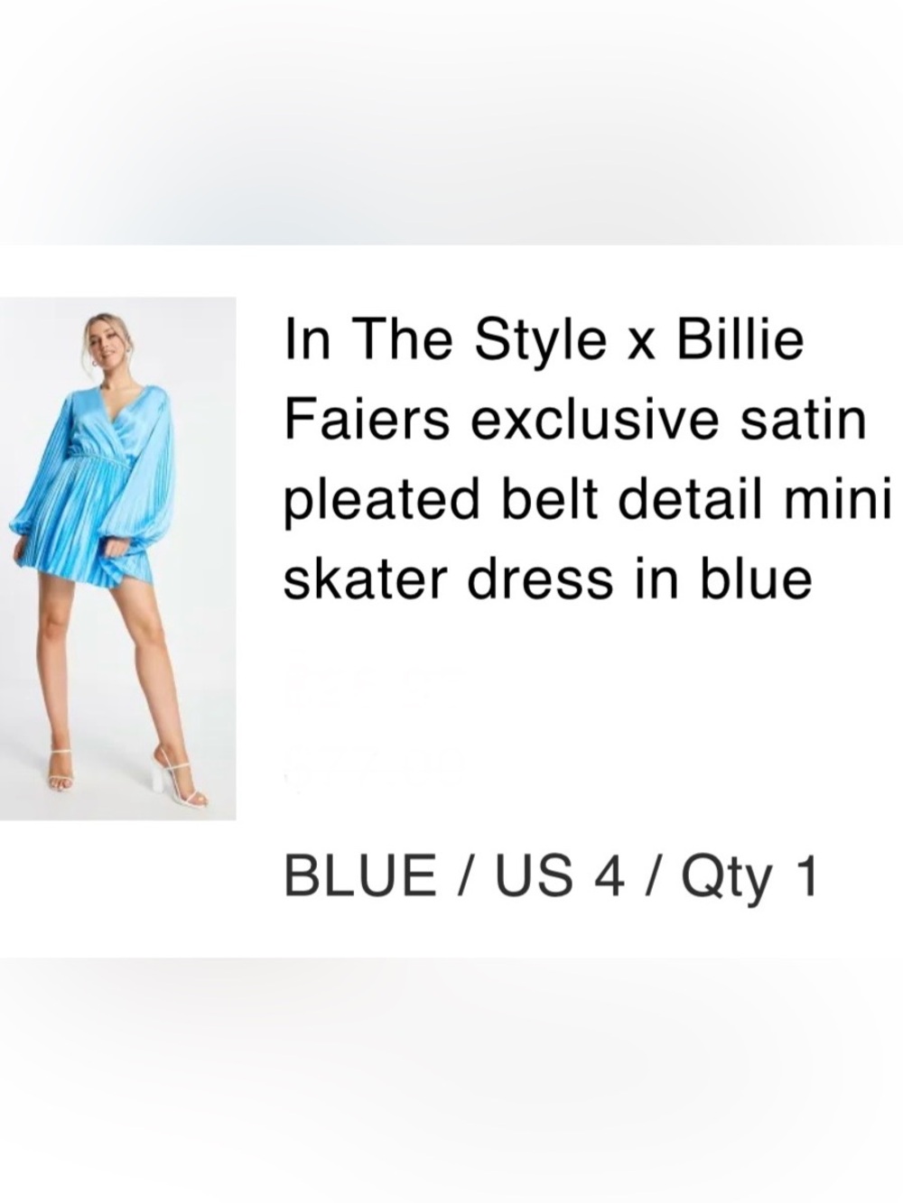 In The Style x Billie Faiers exclusive ASOS satin pleated blue dress size 4